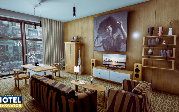 HD desktop wallpaper from the video game Hotel Renovator, featuring a stylishly renovated hotel room with modern furniture and a large wall painting.
