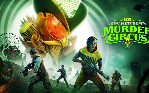 HD desktop wallpaper featuring Saints Row (2022) game characters displaying action poses with the title Doc Ketchum's Murder Circus against a vibrant green backdrop.