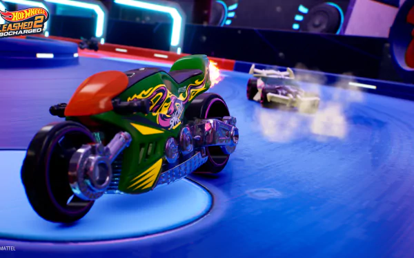 HD desktop wallpaper from Hot Wheels Unleashed 2: Turbocharged, featuring vibrant toy cars racing on a futuristic track.