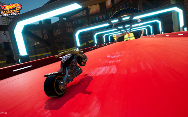 HD desktop wallpaper from Hot Wheels Unleashed 2: Turbocharged featuring a motorcycle racing on a vibrant red track with futuristic blue neon lights.