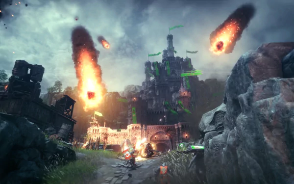HD desktop wallpaper from the video game Warlander, featuring a dramatic scene of a fortress under siege with explosions and glowing projectiles in the air.