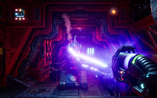 HD desktop wallpaper from the video game System Shock (2023), featuring a futuristic corridor with vibrant purple lights and a glowing weapon firing.