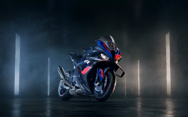 HD desktop wallpaper from the video game Ride 5 featuring a sleek motorcycle in a moody, illuminated setting.