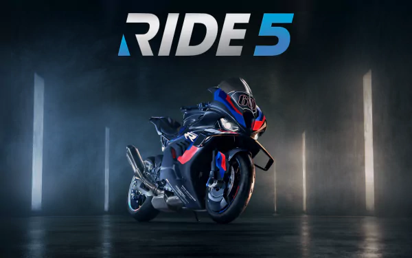 HD desktop wallpaper for the video game Ride 5 featuring a sleek motorcycle under dramatic lighting in a dimly lit room with the game's logo overhead.