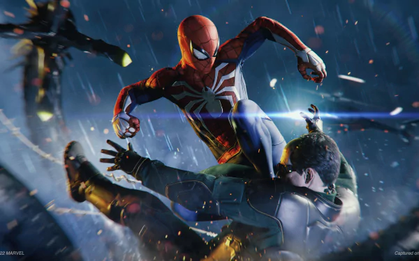 HD desktop wallpaper from Marvel's Spider-Man Remastered featuring Spider-Man in dynamic mid-air combat, grappling with an enemy against a snowy backdrop.
