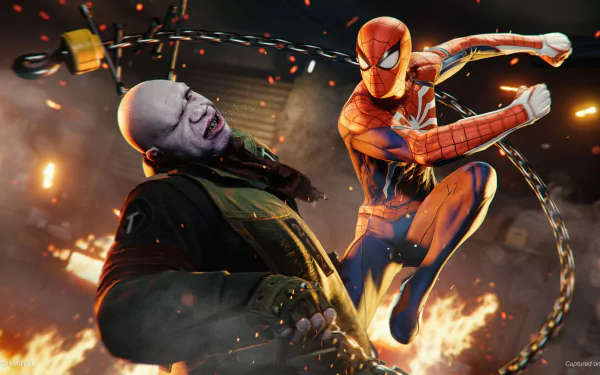 HD desktop wallpaper of Marvel's Spider-Man Remastered featuring Spider-Man in combat with a villain amid explosions.
