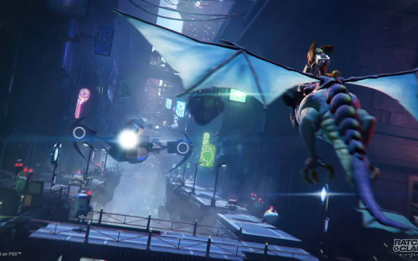 HD desktop wallpaper from Ratchet & Clank: Rift Apart featuring the character gliding in a futuristic cityscape at night.