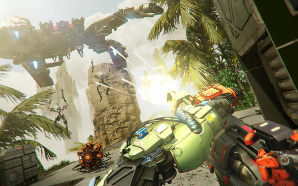 HD desktop wallpaper from the video game Stormland, featuring a robotic arm wielding a weapon with a futuristic battlefield background.