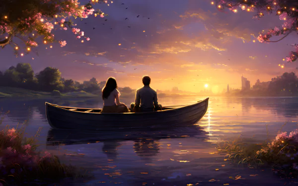 Artistic HD wallpaper of two friends in a boat under a sunset, surrounded by pink blossoms, reflecting the themes of love and friendship.