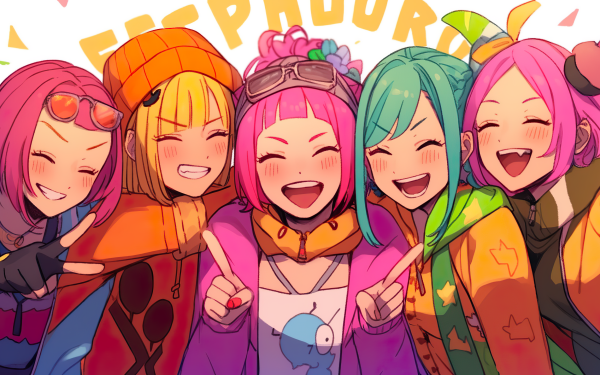Colorful HD wallpaper of animated girls laughing and enjoying friendship, perfect for a vibrant desktop background.