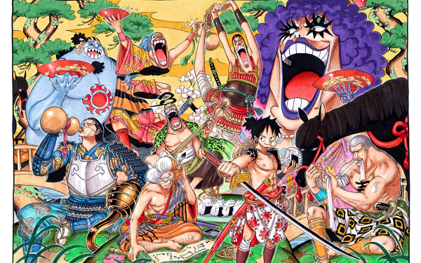 HD One Piece anime wallpaper featuring vibrant artwork of characters Crocodile, Buggy, Daz Bones, Emporio Ivankov, and Bentham in an action-packed scene for desktop backgrounds.