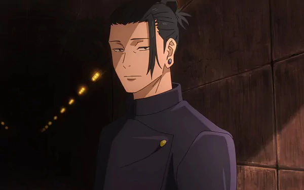 HD desktop wallpaper featuring Suguru Geto from Jujutsu Kaisen 2nd Season, posed against a moody backdrop with subtle lighting.