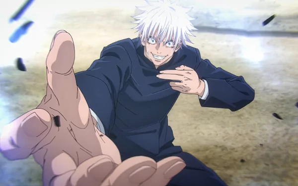 Satoru Gojo from Jujutsu Kaisen reaches out in this dynamic HD desktop wallpaper from the 2nd season of the anime, showcasing his vibrant character and energy.