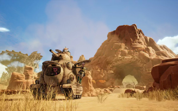 HD desktop wallpaper from the video game Sand Land featuring a futuristic tank-like vehicle in a desert landscape with rocky formations and sparse vegetation.