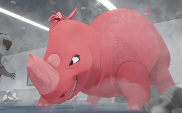HD desktop wallpaper from the movie Nimona featuring a large, pink rhinoceros-like creature in a dynamic action scene.
