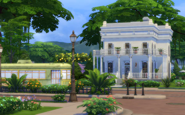 HD desktop wallpaper from The Sims 4 featuring an elegant white mansion with lush gardens and a serene park setting.