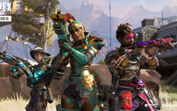 HD desktop wallpaper featuring characters from Apex Legends video game posed for action with weapons, set against a mountainous backdrop.