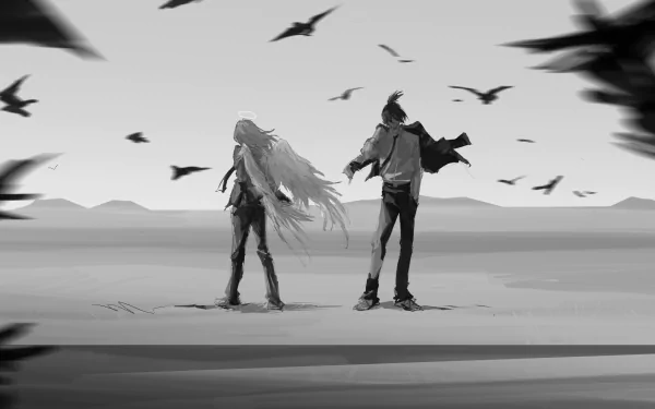 Black and white HD desktop wallpaper featuring Angel Devil and Aki Hayakawa from the anime Chainsaw Man, standing in a barren landscape with birds flying overhead.
