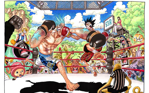 HD desktop wallpaper featuring Franky and Monkey D. Luffy from One Piece engaged in a boxing match, set in an animated manga-style ring.