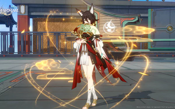 HD desktop wallpaper featuring Tingyun from Honkai: Star Rail, displayed in an animated pose with glowing energy circles, set in a futuristic train station background.