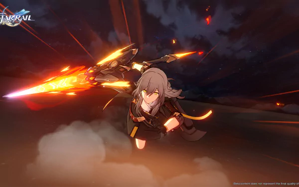 HD desktop wallpaper from Honkai: Star Rail featuring Stelle and Trailblazer in dynamic combat under a stormy sky.