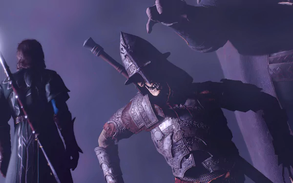 HD desktop wallpaper featuring characters from Baldur’s Gate 3 video game, depicting a mage and a warrior in a misty, mystical setting.