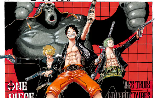 HD desktop wallpaper featuring One Piece characters Sanji, Monkey D. Luffy, and Roronoa Zoro in action, styled as the 'Monster Trio'.