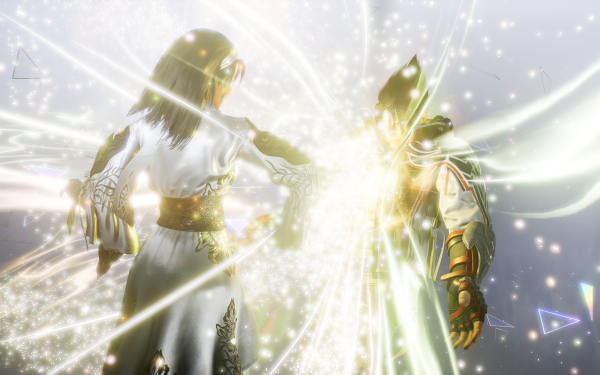 HD wallpaper of Jun Kazama and Jin Kazama from Tekken 8, showcasing characters in dynamic combat pose with radiant light effects.