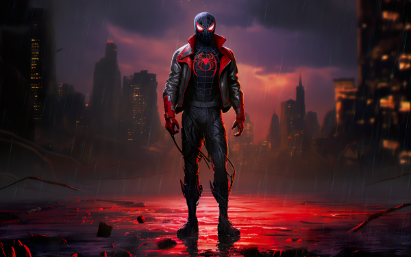 Miles Morales as Spider-Man stands heroically in a rainy cityscape at night, with red neon reflections on wet ground, in a HD wallpaper for Spider-Man: Across The Spider-Verse.