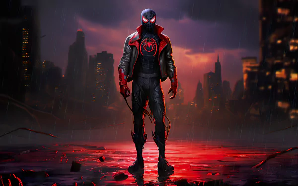 Miles Morales as Spider-Man stands heroically in a rainy cityscape at night, with red neon reflections on wet ground, in a HD wallpaper for Spider-Man: Across The Spider-Verse.