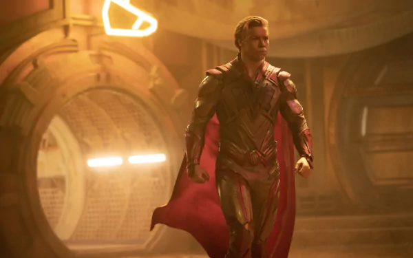 HD wallpaper featuring Adam Warlock from Guardians of the Galaxy Vol. 3, posing heroically in a spaceship corridor.