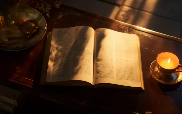 HD desktop wallpaper featuring an open book bathed in warm sunlight next to a lit candle, creating a cozy reading atmosphere.