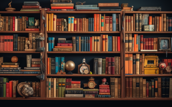 HD wallpaper of a bookshelf brimming with books, vintage ornaments, and memorabilia, ideal for a literary-themed desktop background.