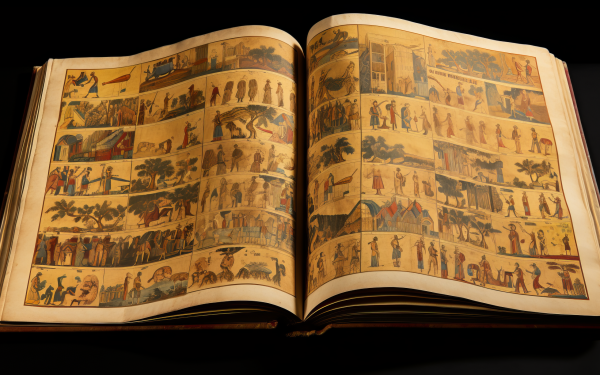 HD wallpaper of an open illustrated book with historical or mythological contents on a dark background.