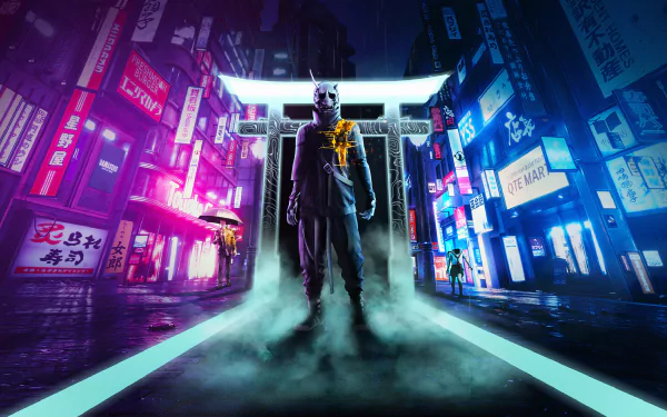 HD wallpaper of GhostWire: Tokyo featuring a mysterious figure in a mask standing amid fog on a neon-lit Tokyo street.