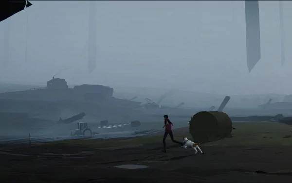 HD desktop wallpaper featuring a mysterious and atmospheric Somerville theme with a silhouette of a character and a dog exploring a foggy, dystopian landscape.