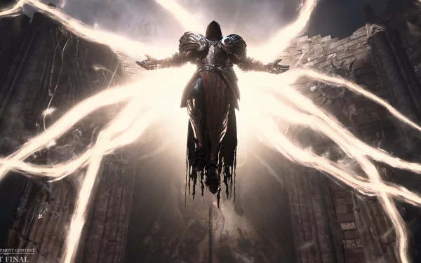 HD desktop wallpaper featuring a powerful figure with glowing wings ascending among ruins in the game Diablo IV.