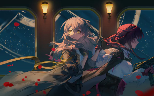 4K Ultra HD wallpaper featuring Stelle and Kafka from the video game Honkai: Star Rail, set against a starry night backdrop inside a warmly lit train carriage.