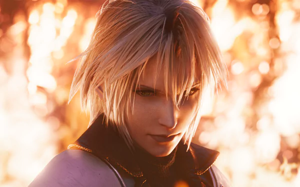 HD wallpaper of a Final Fantasy VII: Ever Crisis character with a sunlit autumnal backdrop for desktop background.