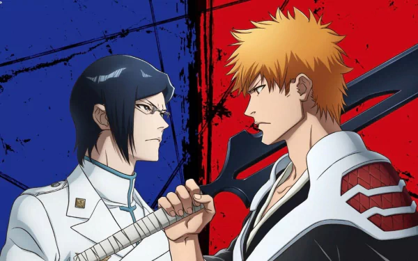 HD PC desktop wallpaper featuring Ichigo Kurosaki and Uryu Ishida from the anime Bleach: Thousand-Year Blood War, set against a contrasting red and blue background.