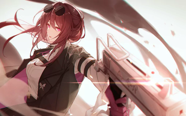 HD desktop wallpaper featuring Kafka from Honkai: Star Rail, depicted with dynamic red hair and a futuristic outfit against an action-packed backdrop.
