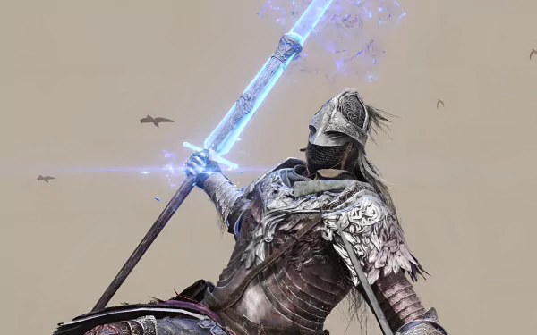 Elden Ring warrior with glowing blue sword HD desktop wallpaper.