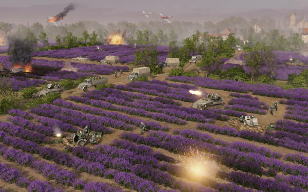 HD wallpaper of Men of War II with tanks and troops advancing through a purple flower field amidst battle.