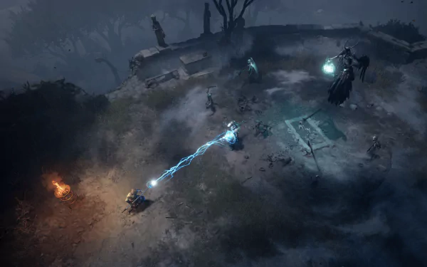 An HD desktop wallpaper from Titan Quest II, featuring a dramatic battle scene with mystical energy, fog, and eerie characters amidst a dark, atmospheric landscape.