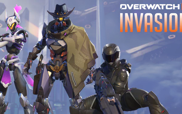 HD desktop wallpaper for Overwatch 2 featuring characters in dynamic poses with Invasion text, showcasing action-packed gameplay theme.