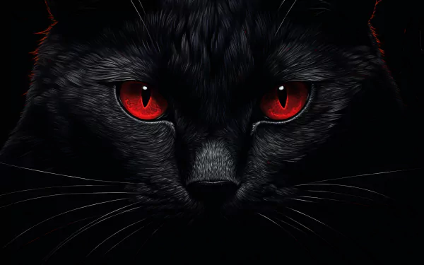 A striking HD wallpaper featuring a black cat with piercing red eyes, set against a dark background, showcasing the enigmatic beauty of this animal.