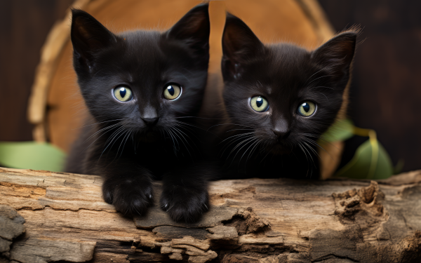 HD wallpaper of two adorable black kittens with striking eyes perched on a wooden log, perfect for a computer desktop background.