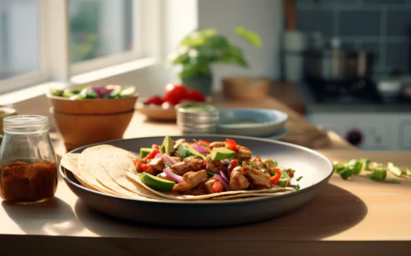 HD desktop wallpaper featuring a vibrant plate of fajitas with fresh vegetables and tortillas, bathed in natural sunlight in a kitchen setting.