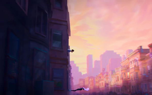 Miles Morales and Gwen Stacy from Spider-Man: Across the Spider-Verse swing through a cityscape at sunset in this vibrant 4K Ultra HD movie wallpaper.