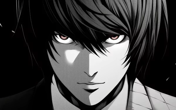 HD desktop wallpaper featuring a close-up of Light Yagami from the anime Death Note, depicted in dramatic black and white manga style.